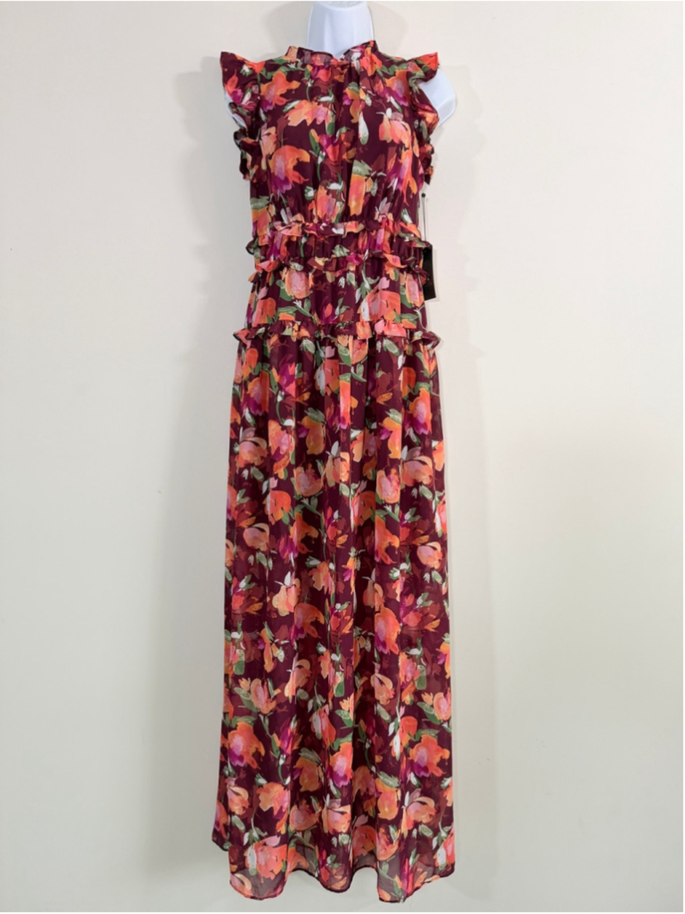 Vince Camuto Size 12 Burgundy Floral Ruffle Chiffon Maxi Dress NWT - Picture 3 of 5